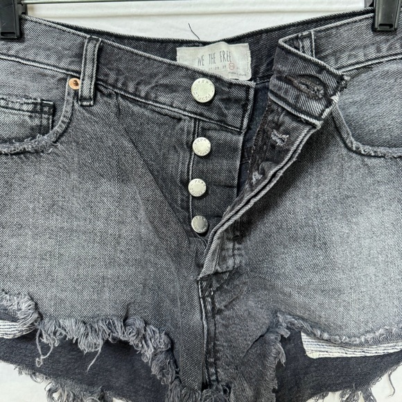 Free People Distressed Jean High Waisted Cut Off Denim Button-Up Booty Shorts - Picture 5 of 9